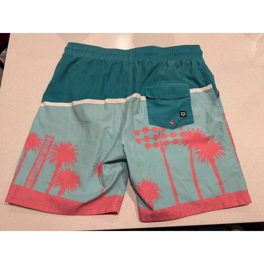 Routine Baseball Men's Swim Trunks XL Teal Pink Palm Tree Print Elastic Waist‎